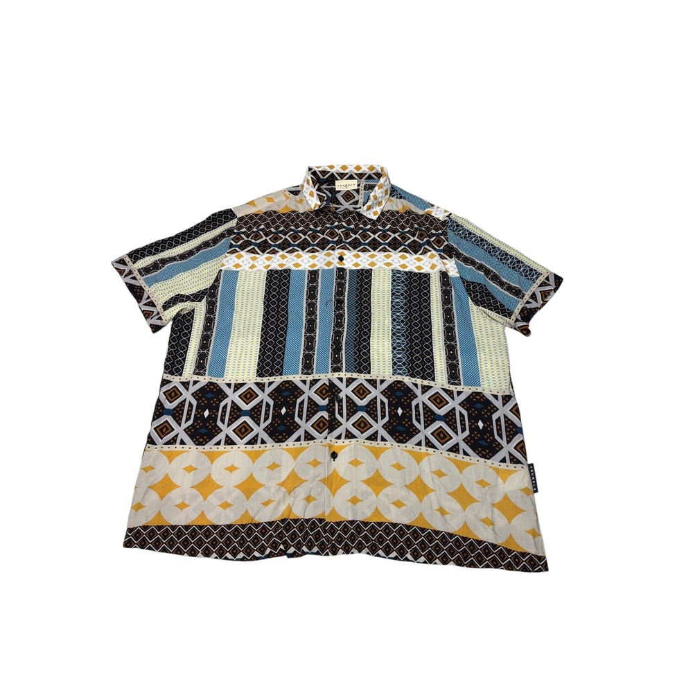 YoungLA 445 Mens Large Geometric Tribal Print Viscose Short Sleeve Button Up
